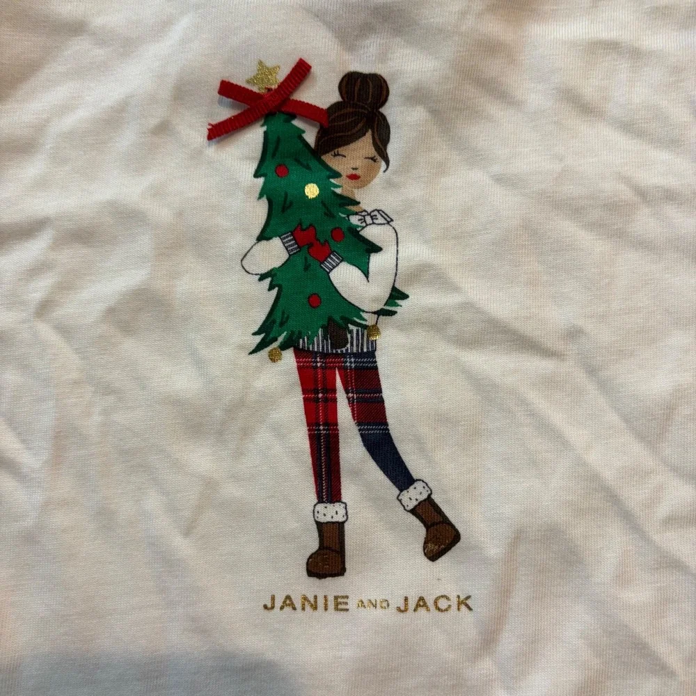 Janie and Jack Long Sleeve Tee Size 8 Christmas Tree Ruffle Shoulder White